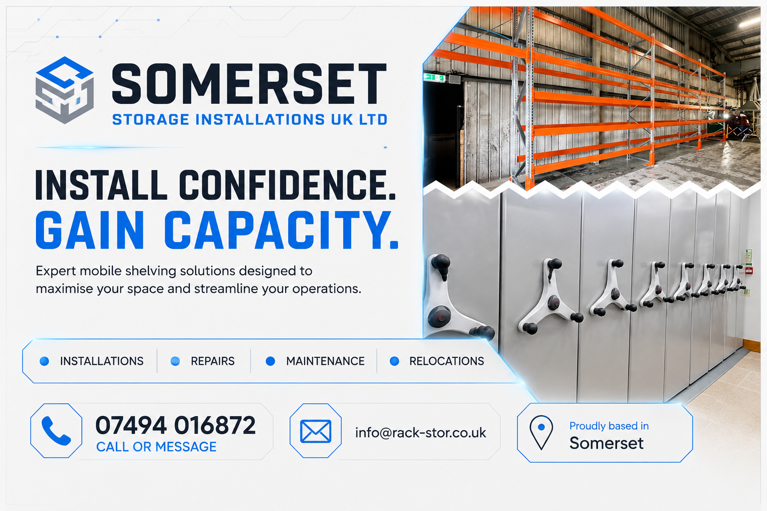 Somerset Storage Installations UK Ltd — mobile shelving and roller racking specialists. Install confidence, gain capacity.