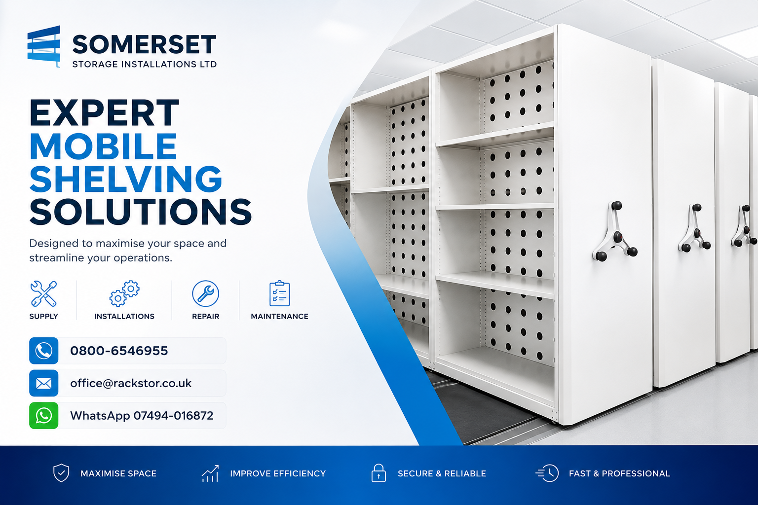 Somerset Storage Installations UK Ltd — mobile shelving and roller racking specialists. Install confidence, gain capacity.