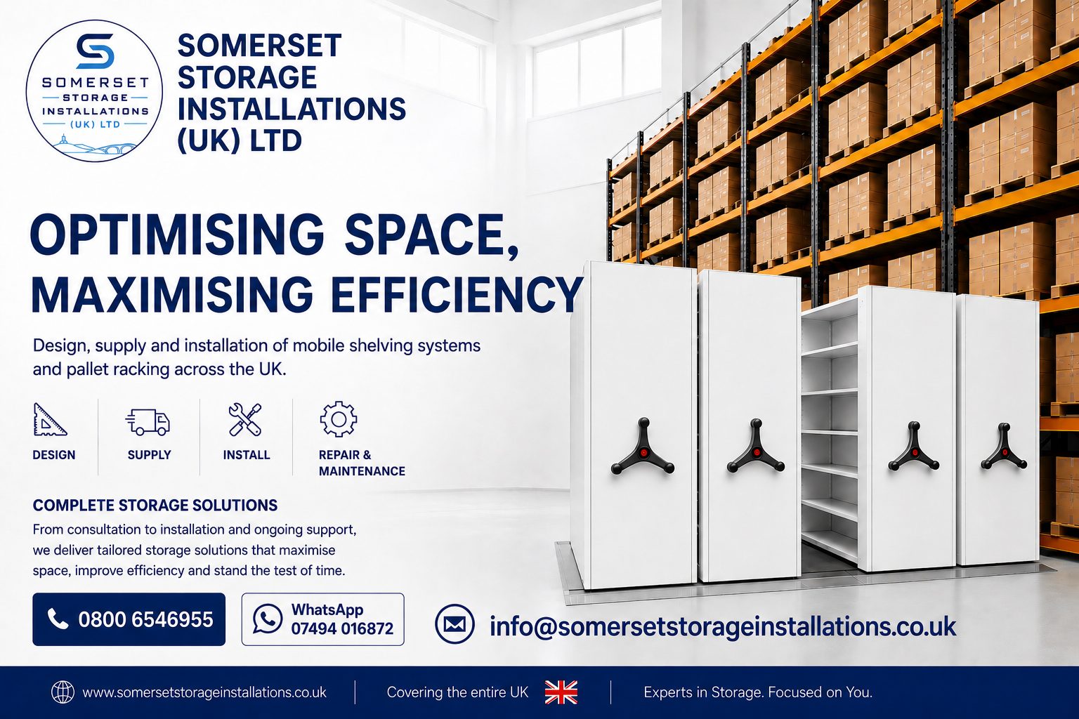 Somerset Storage Installations UK Ltd — mobile shelving and roller racking specialists. Install confidence, gain capacity.